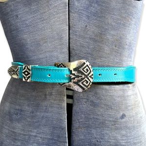 VTG 80s Turquoise Blue Leather Silver Belt Ginnie Johansen